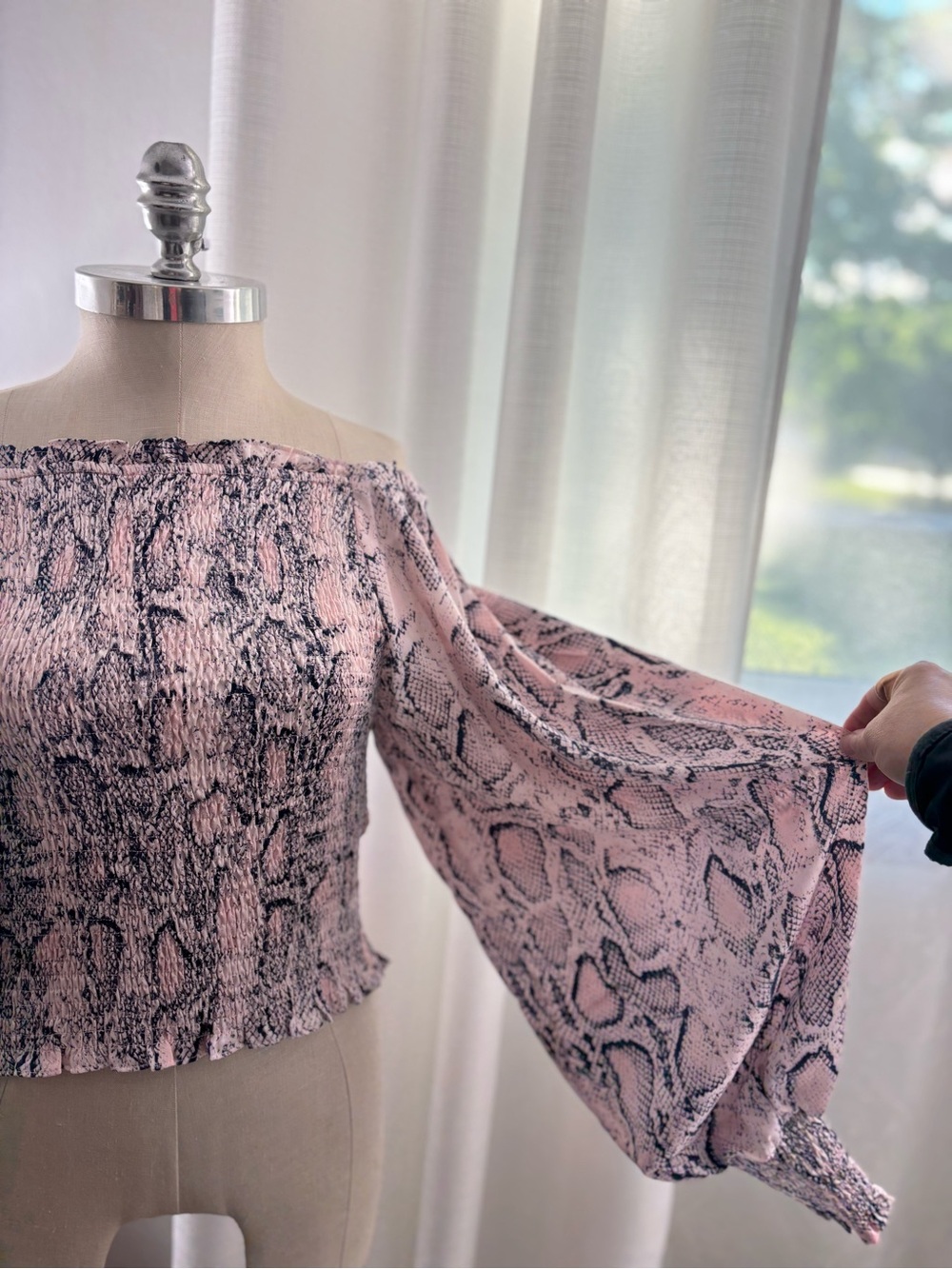 Strut & Bolt Smocked Off-Shoulder Pink and Navy Snake Print Shirt. L, NWT